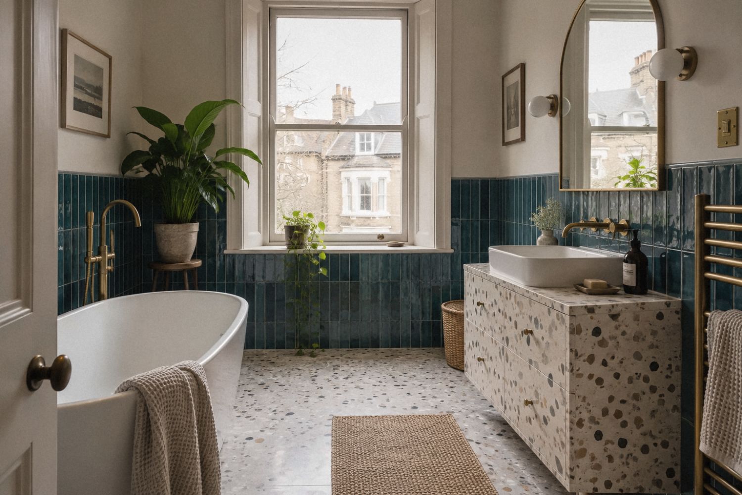 A Victorian bathroom with teal tiles, a freestanding bath and a terrazzo vanity