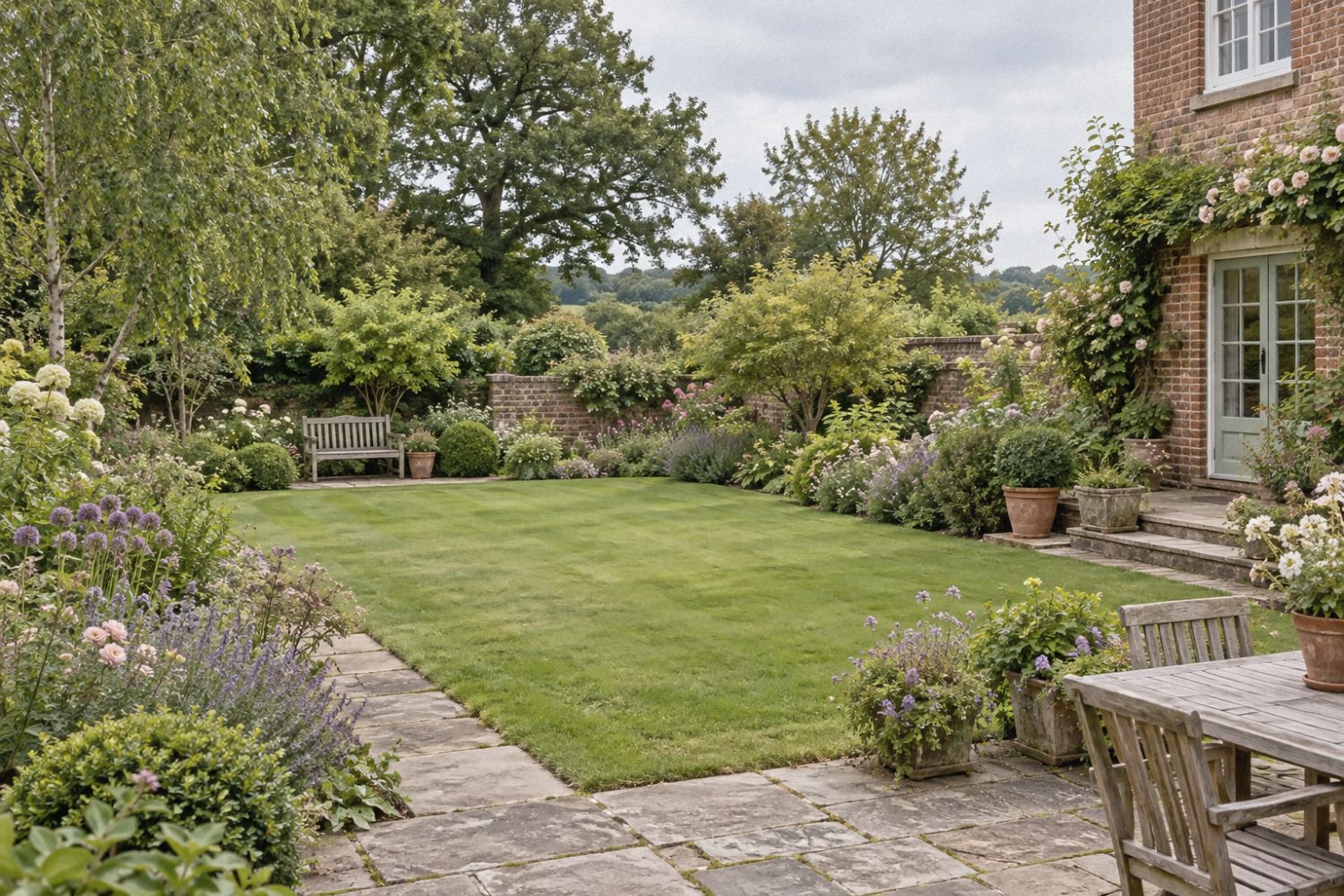 A walled English garden with a striped lawn, stone paving and cottage borders
