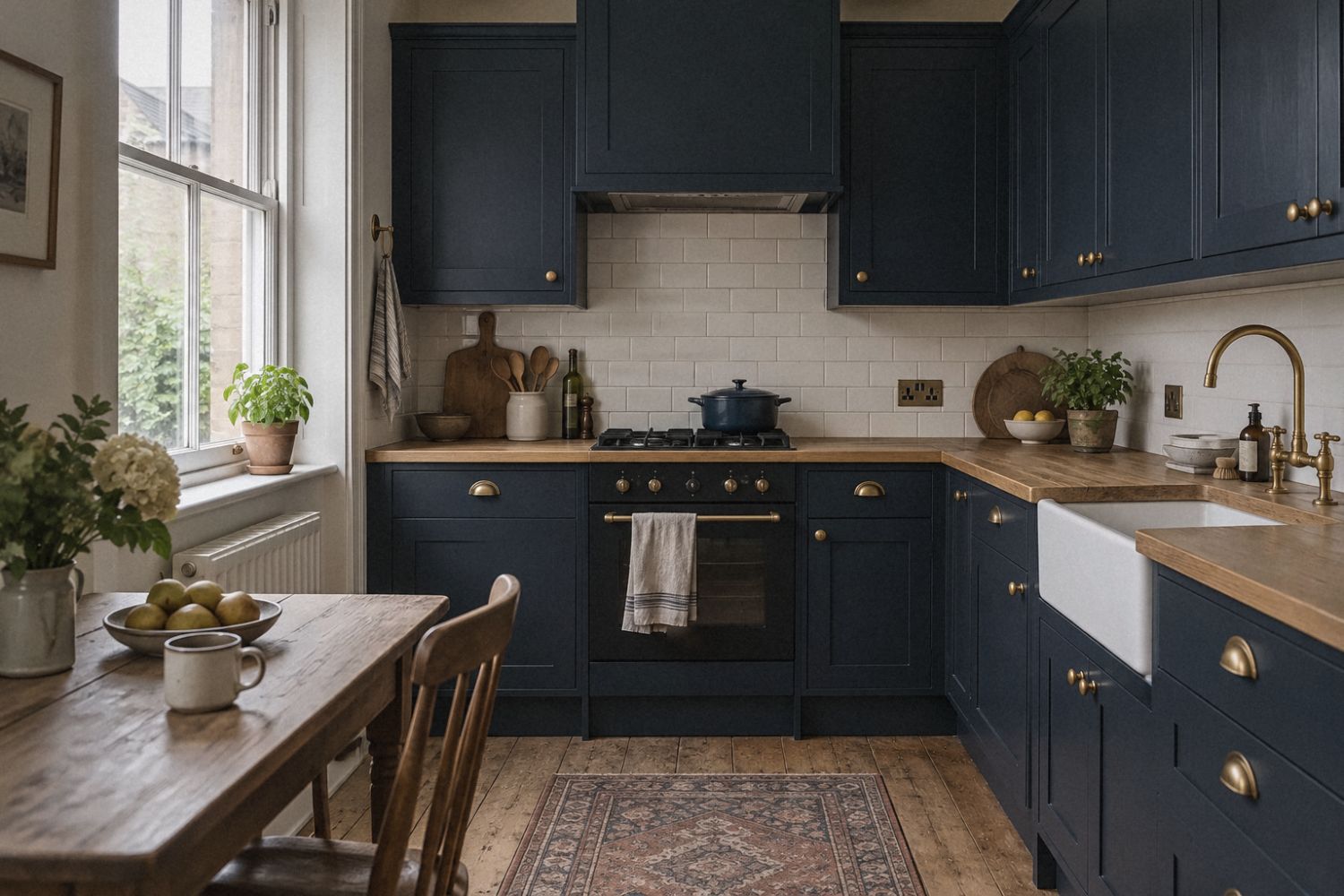 A navy Shaker kitchen with oak worktops, brass handles and a Belfast sink