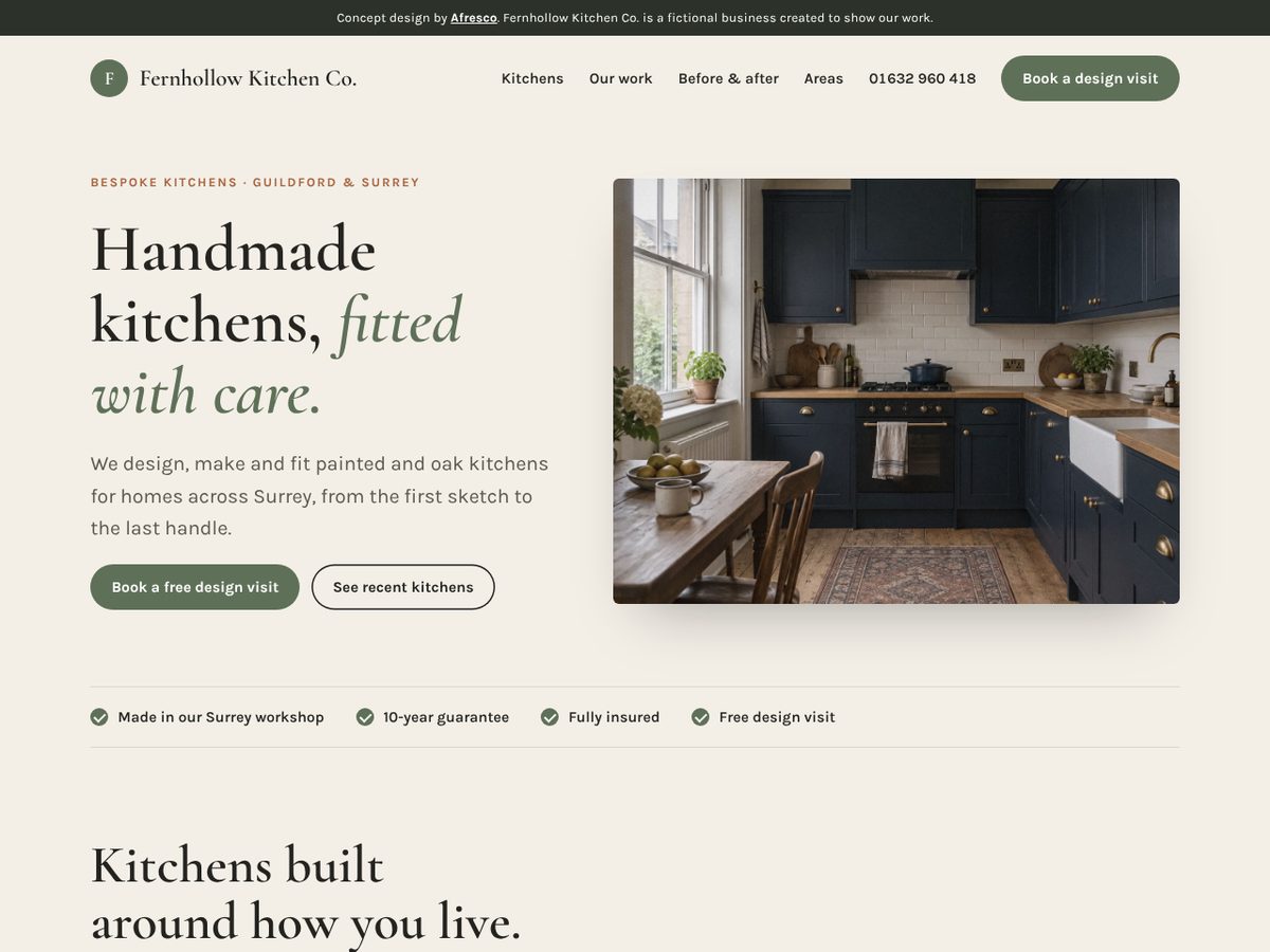 Homepage of the Fernhollow Kitchen Co. concept website on a desktop screen