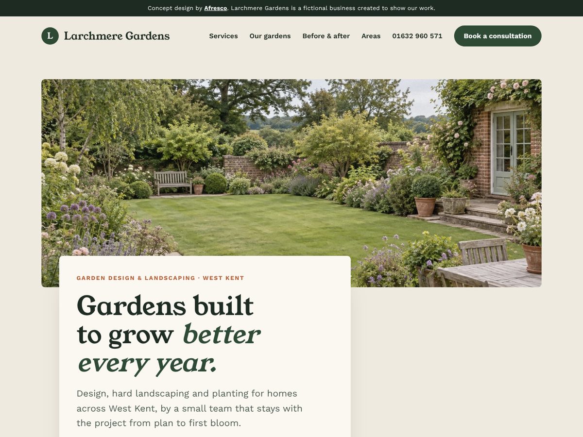 Homepage of the Larchmere Gardens concept website on a desktop screen