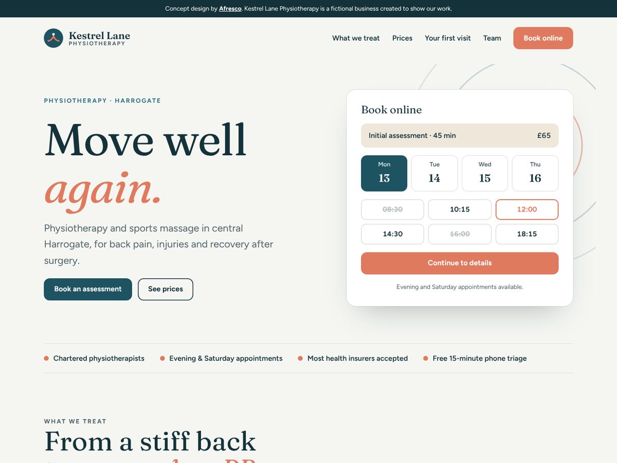 Homepage of the Kestrel Lane Physiotherapy concept website on a desktop screen